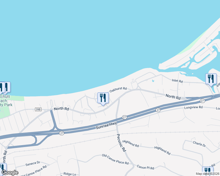 map of restaurants, bars, coffee shops, grocery stores, and more near 37 Oakhurst Road in Hampton Bays