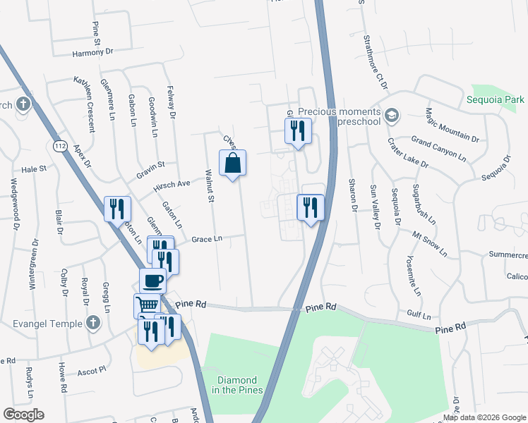 map of restaurants, bars, coffee shops, grocery stores, and more near 32 Fargo Court in Coram