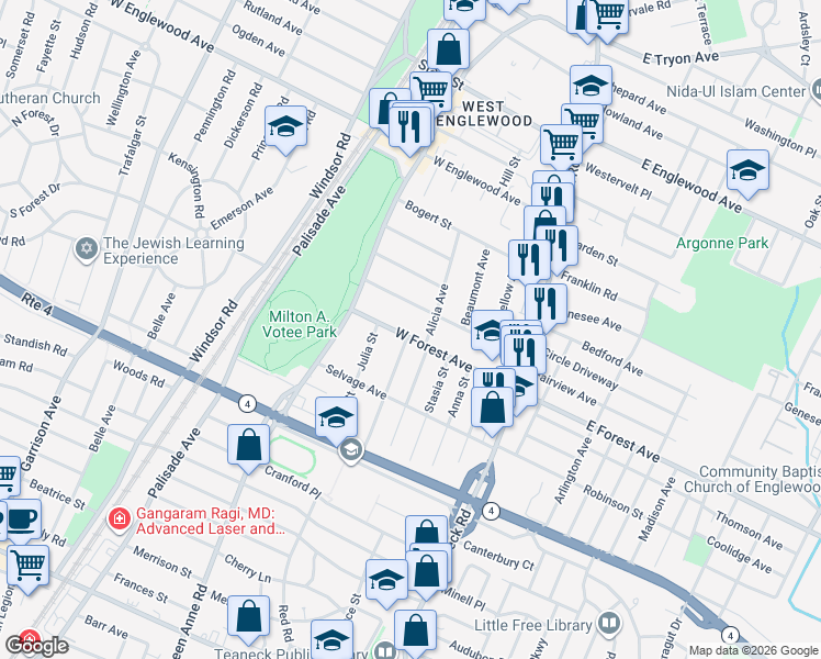 map of restaurants, bars, coffee shops, grocery stores, and more near 116 Church Street in Teaneck