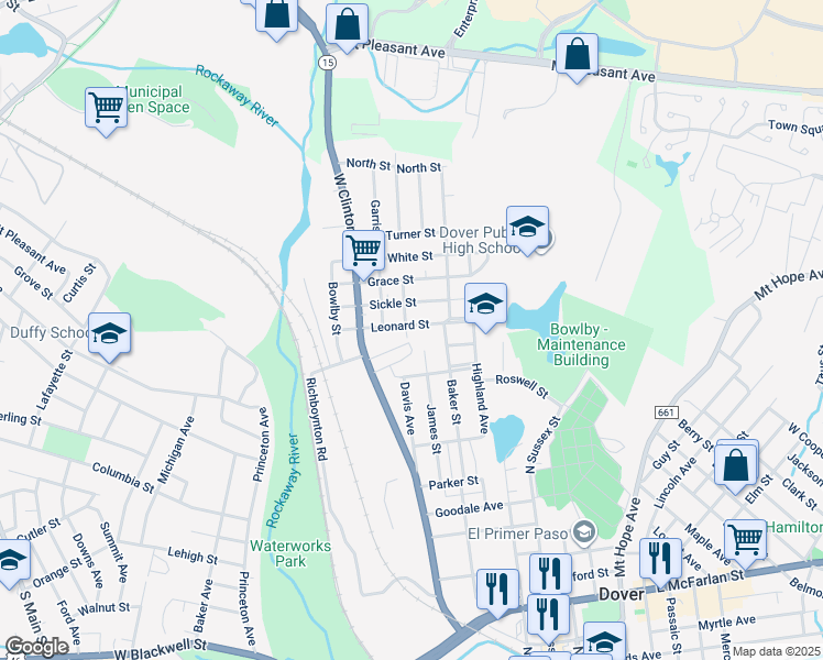 map of restaurants, bars, coffee shops, grocery stores, and more near 39 Leonard Street in Dover