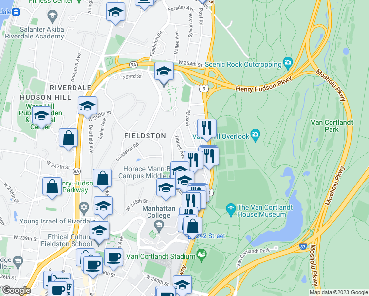 map of restaurants, bars, coffee shops, grocery stores, and more near 256 Fieldston Terrace in Bronx