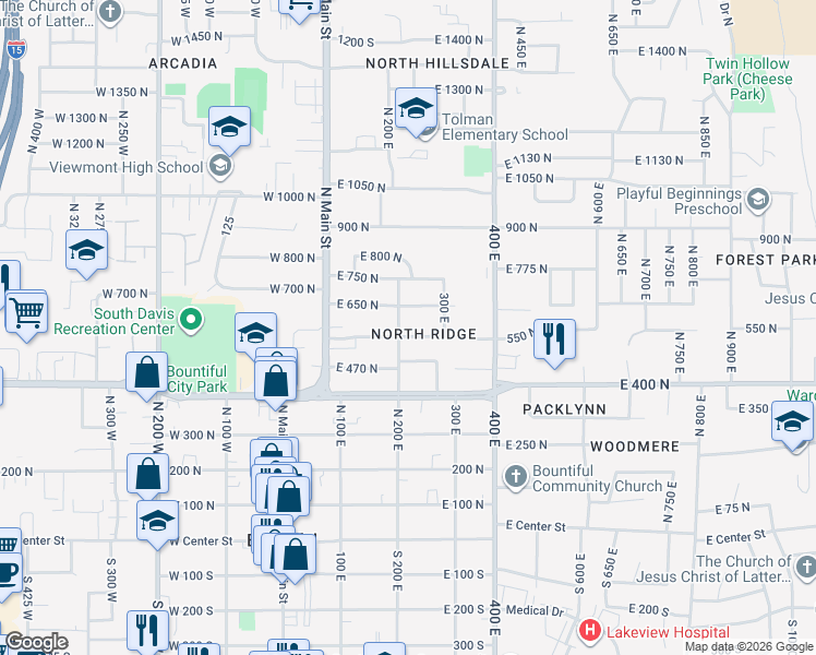 map of restaurants, bars, coffee shops, grocery stores, and more near 208 East 650 North in Bountiful