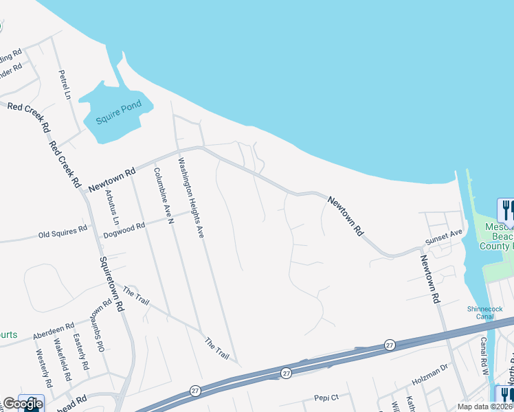 map of restaurants, bars, coffee shops, grocery stores, and more near 121 Newtown Road in Hampton Bays
