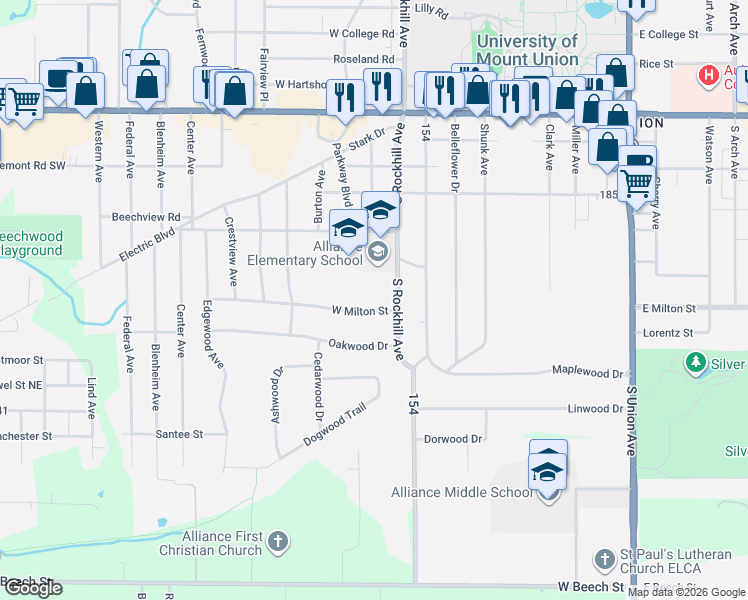 map of restaurants, bars, coffee shops, grocery stores, and more near 861 West Milton Street in Alliance