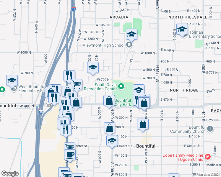 map of restaurants, bars, coffee shops, grocery stores, and more near 557 North 200 West in Bountiful