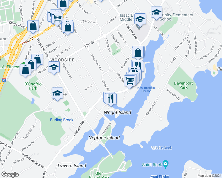 map of restaurants, bars, coffee shops, grocery stores, and more near 21 Circuit Road in New Rochelle
