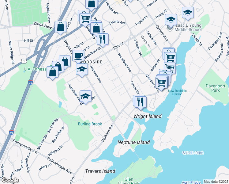 map of restaurants, bars, coffee shops, grocery stores, and more near 15 Lee Court in New Rochelle