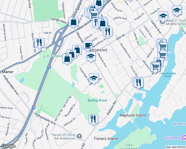 map of restaurants, bars, coffee shops, grocery stores, and more near in New Rochelle