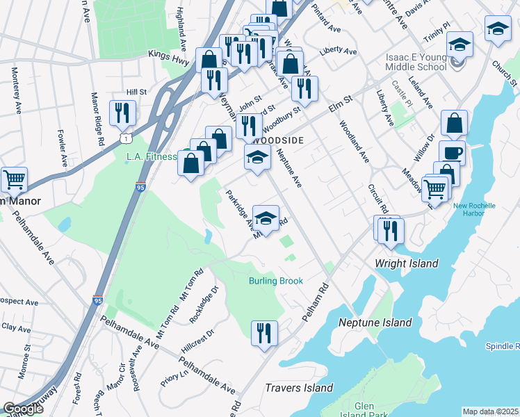 map of restaurants, bars, coffee shops, grocery stores, and more near in New Rochelle