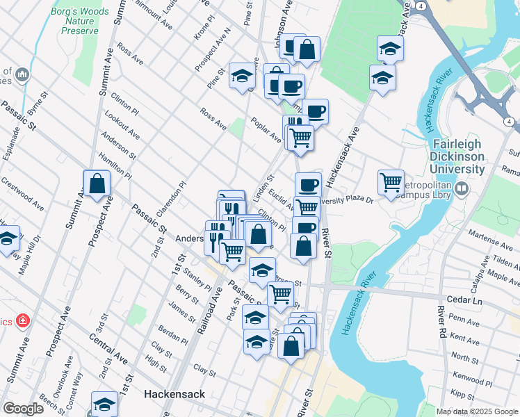 map of restaurants, bars, coffee shops, grocery stores, and more near 105 Terrace Place in Hackensack