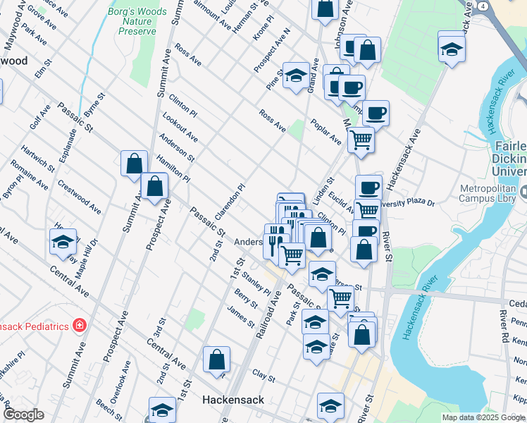 map of restaurants, bars, coffee shops, grocery stores, and more near 220 Anderson Street in Hackensack