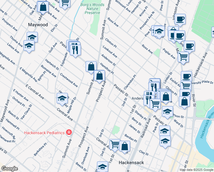 map of restaurants, bars, coffee shops, grocery stores, and more near 405 Prospect Avenue in Hackensack