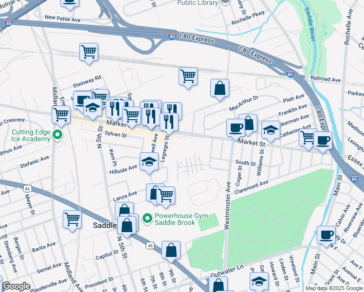map of restaurants, bars, coffee shops, grocery stores, and more near 300 Market St in Saddle Brook