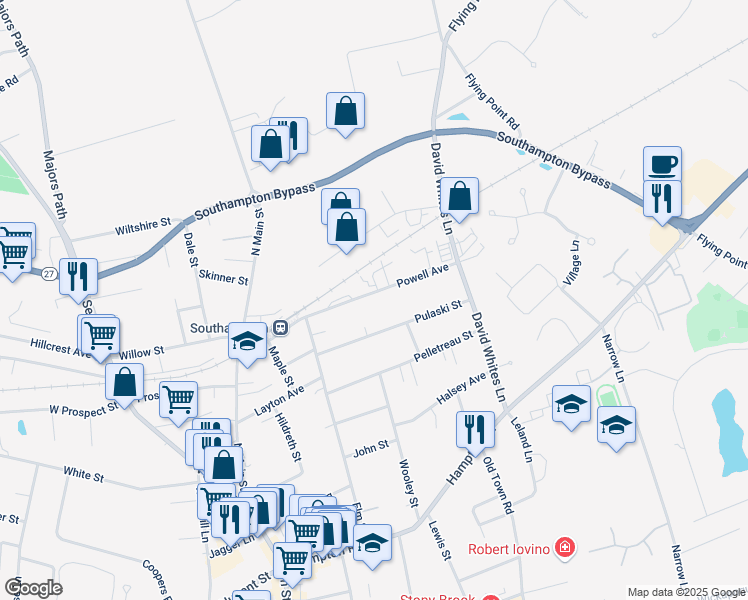 map of restaurants, bars, coffee shops, grocery stores, and more near 82 Powell Avenue in Southampton