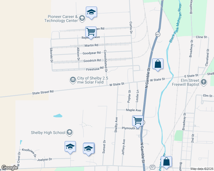 map of restaurants, bars, coffee shops, grocery stores, and more near 5981 West State Street in Shelby