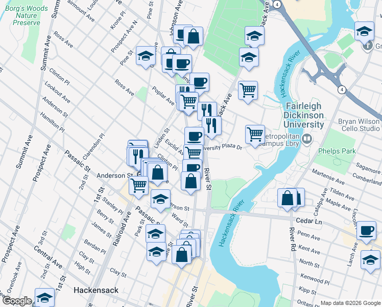 map of restaurants, bars, coffee shops, grocery stores, and more near Main Street in Hackensack
