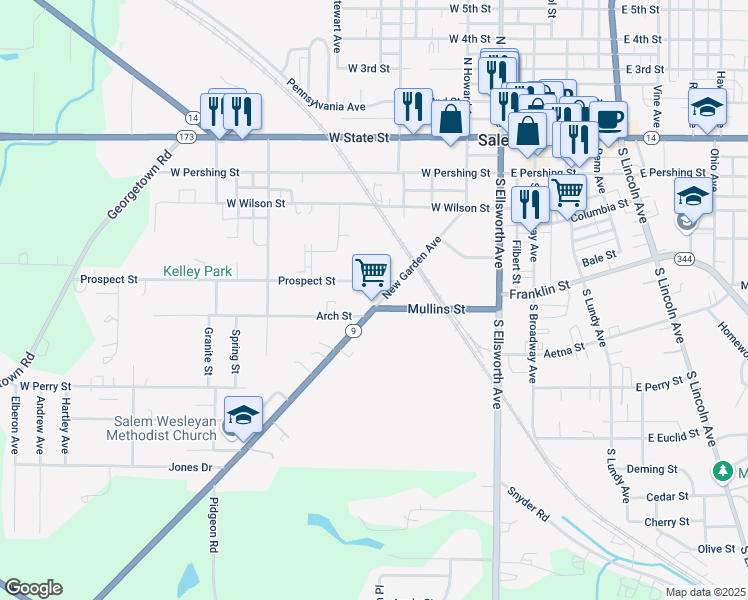 map of restaurants, bars, coffee shops, grocery stores, and more near 517 New Garden Avenue in Salem