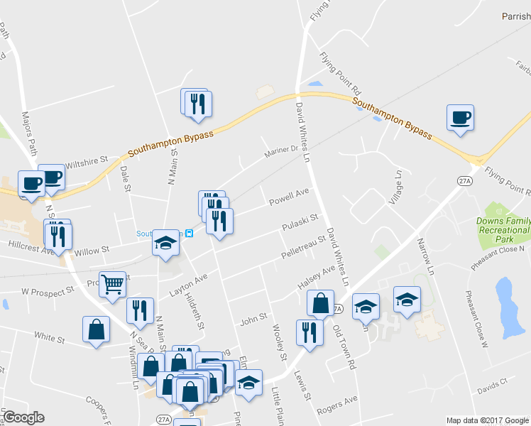 map of restaurants, bars, coffee shops, grocery stores, and more near 98 Powell Avenue in Southampton