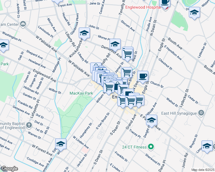 map of restaurants, bars, coffee shops, grocery stores, and more near 15 James Street in Englewood