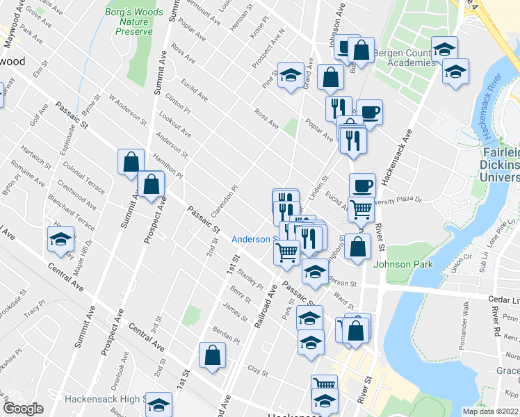 map of restaurants, bars, coffee shops, grocery stores, and more near 220 Anderson Street in Hackensack