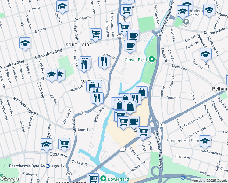 map of restaurants, bars, coffee shops, grocery stores, and more near 697-719 S Columbus Ave in Mt Vernon
