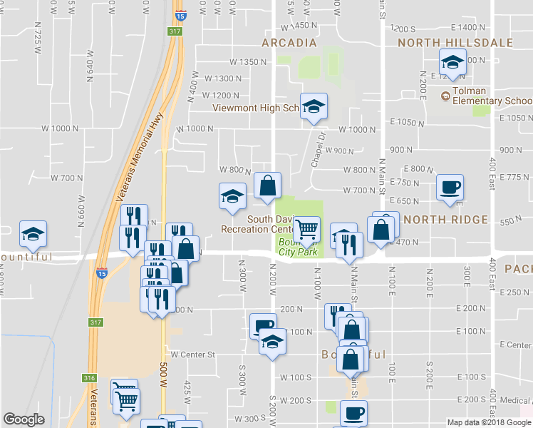 map of restaurants, bars, coffee shops, grocery stores, and more near 545 North 200 West in Bountiful
