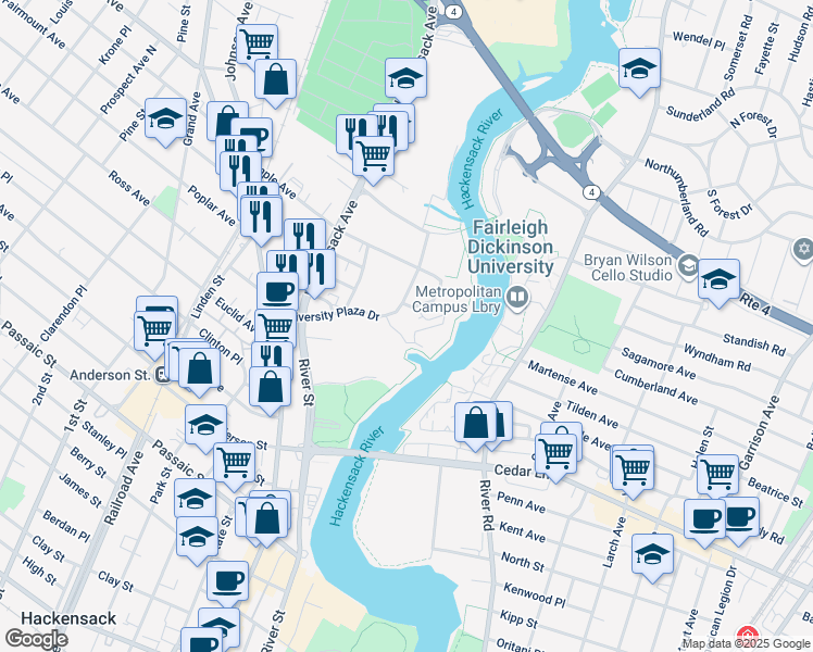 map of restaurants, bars, coffee shops, grocery stores, and more near 3 University Plaza Drive in Hackensack