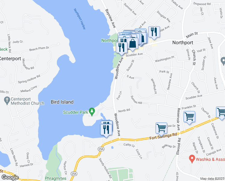 map of restaurants, bars, coffee shops, grocery stores, and more near 193 Woodbine Avenue in Northport