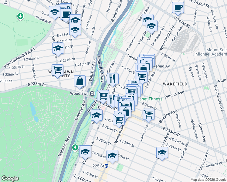 map of restaurants, bars, coffee shops, grocery stores, and more near Carpenter Avenue in Bronx