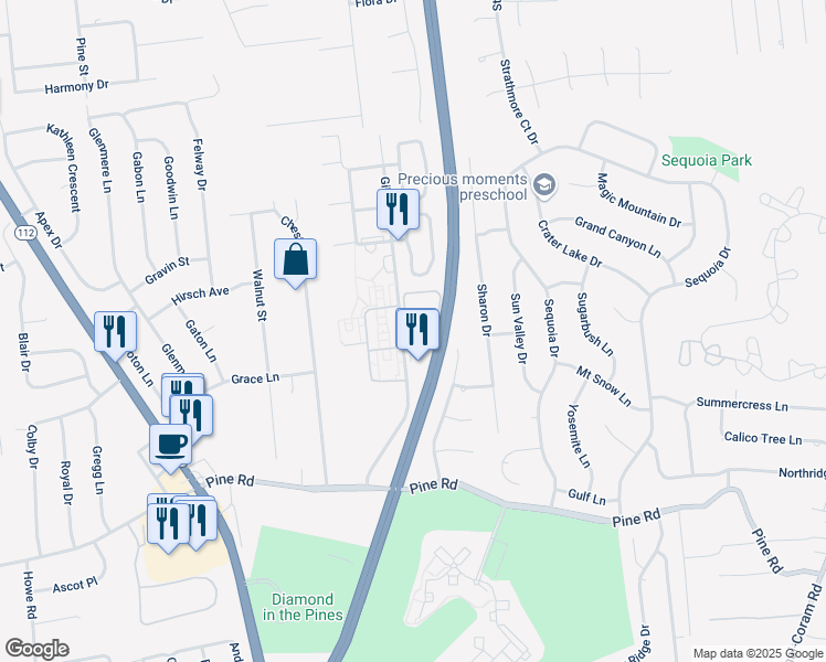 map of restaurants, bars, coffee shops, grocery stores, and more near 35 Gibbs Road in Coram