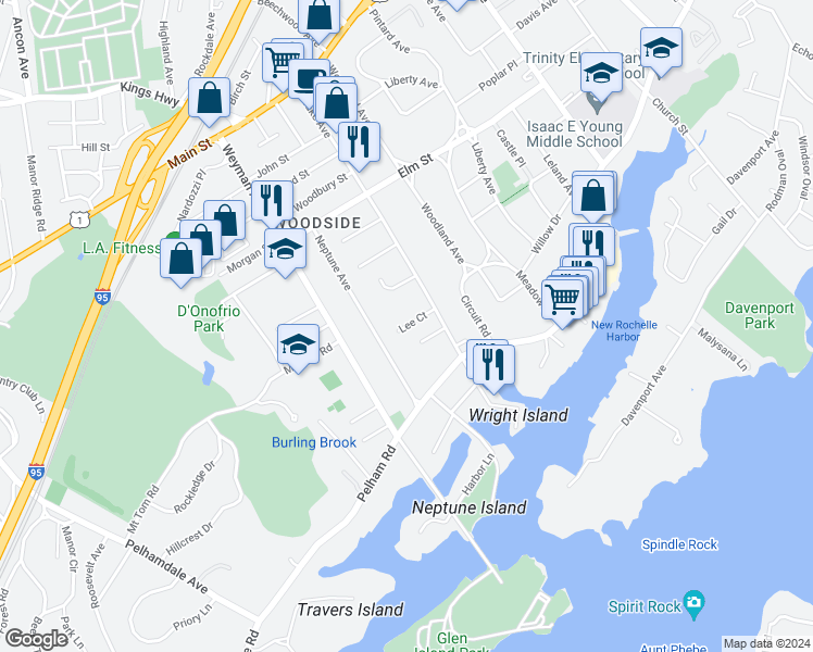 map of restaurants, bars, coffee shops, grocery stores, and more near 15 Lee Court in New Rochelle
