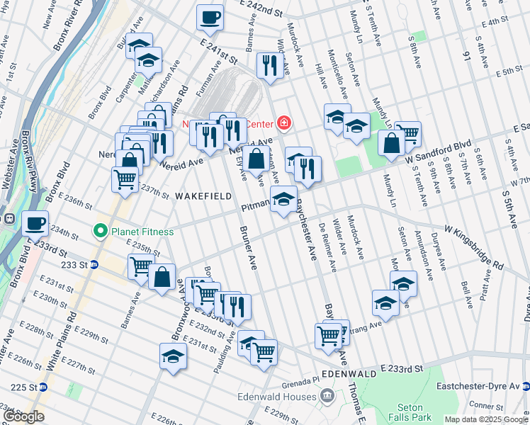 map of restaurants, bars, coffee shops, grocery stores, and more near 4231 Grace Avenue in Bronx