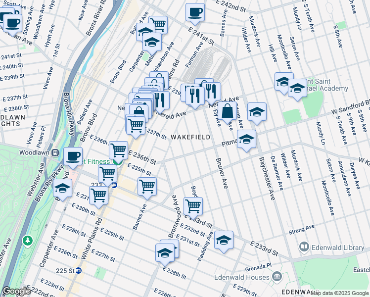 map of restaurants, bars, coffee shops, grocery stores, and more near 4319 Gunther Avenue in Bronx