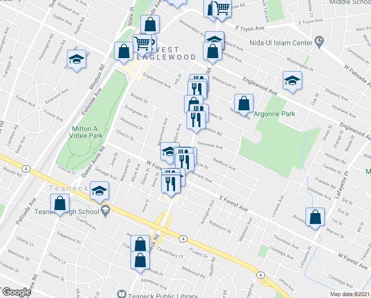 map of restaurants, bars, coffee shops, grocery stores, and more near in Teaneck