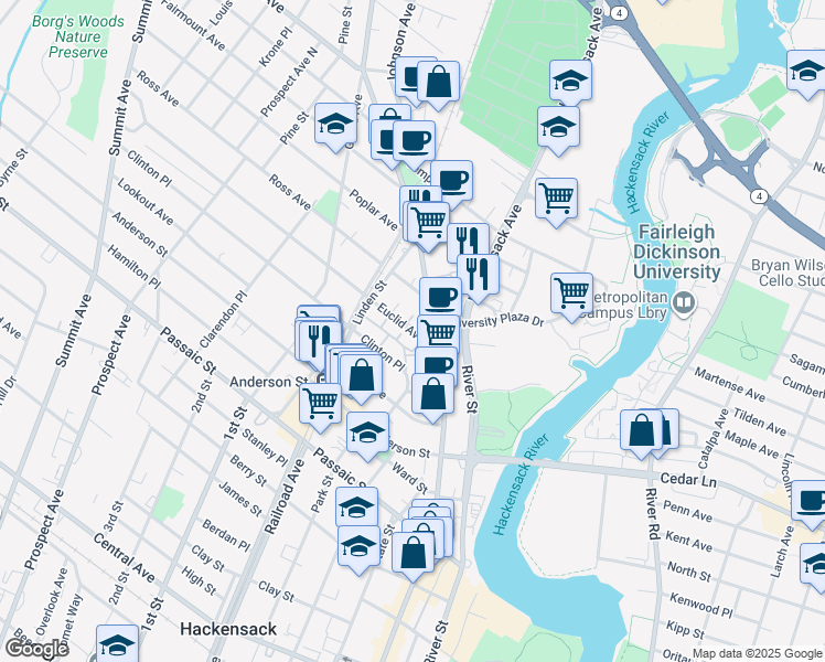 map of restaurants, bars, coffee shops, grocery stores, and more near 533 Main Street in Hackensack