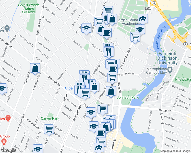 map of restaurants, bars, coffee shops, grocery stores, and more near 105 Terrace Place in Hackensack