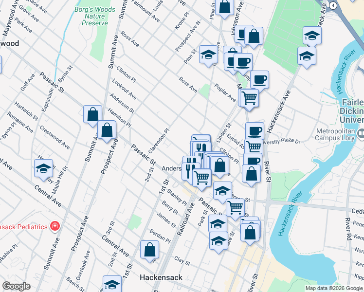 map of restaurants, bars, coffee shops, grocery stores, and more near 220 Anderson Street in Hackensack