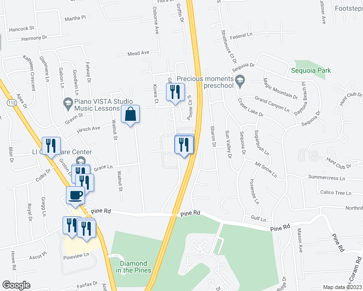 map of restaurants, bars, coffee shops, grocery stores, and more near 35 Gibbs Road in Coram