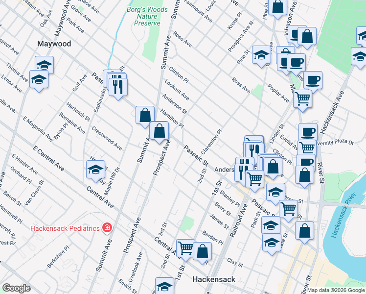 map of restaurants, bars, coffee shops, grocery stores, and more near 295 Passaic Street in Hackensack