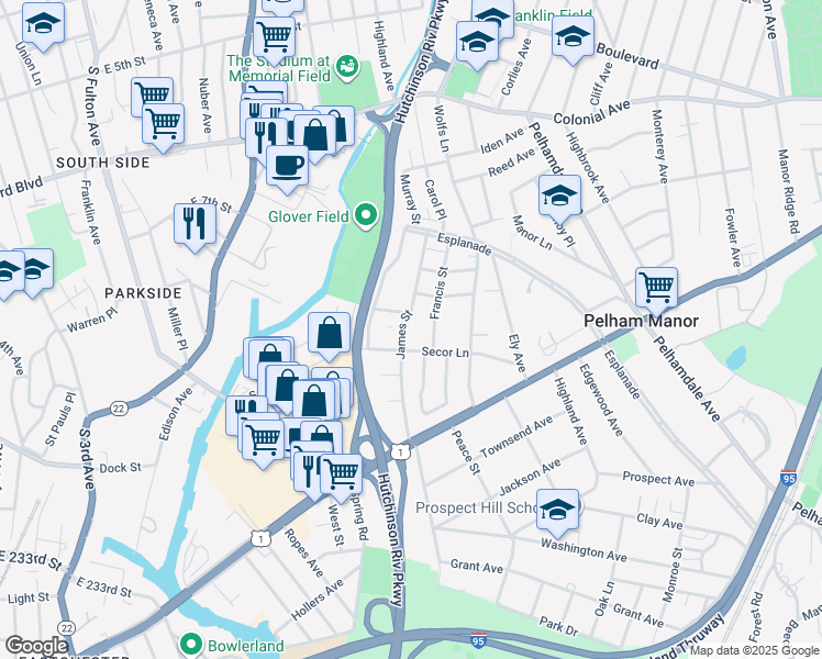 map of restaurants, bars, coffee shops, grocery stores, and more near 664 James Street in Pelham Manor