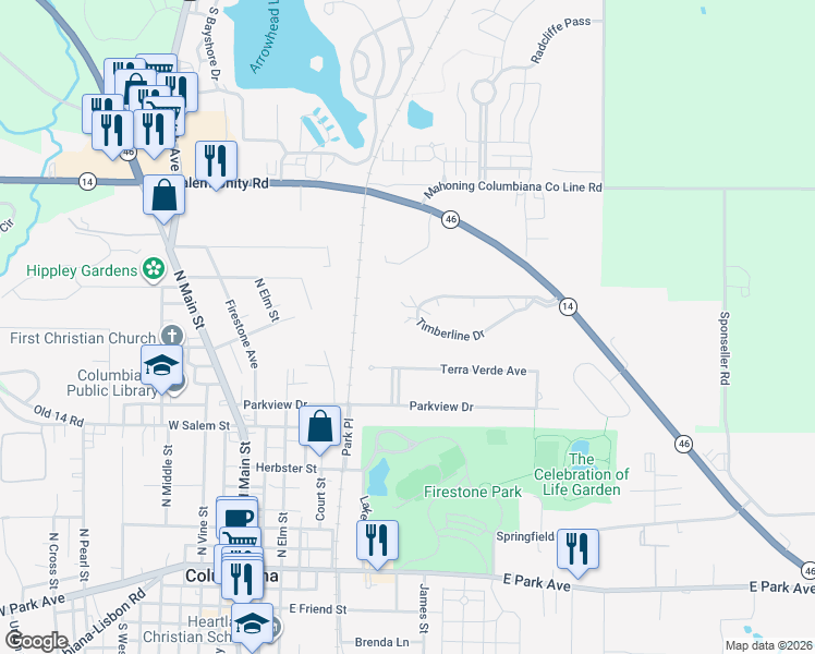 map of restaurants, bars, coffee shops, grocery stores, and more near 2301 Timberline Drive in Columbiana