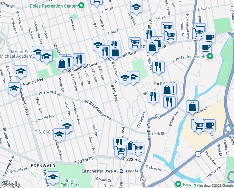 map of restaurants, bars, coffee shops, grocery stores, and more near 630 South 4th Avenue in Mount Vernon