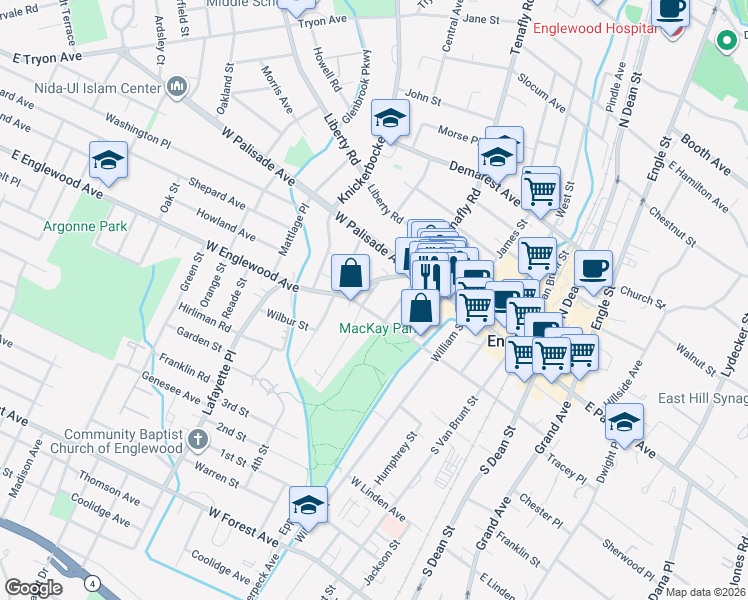 map of restaurants, bars, coffee shops, grocery stores, and more near 40 Bennett Road in Englewood