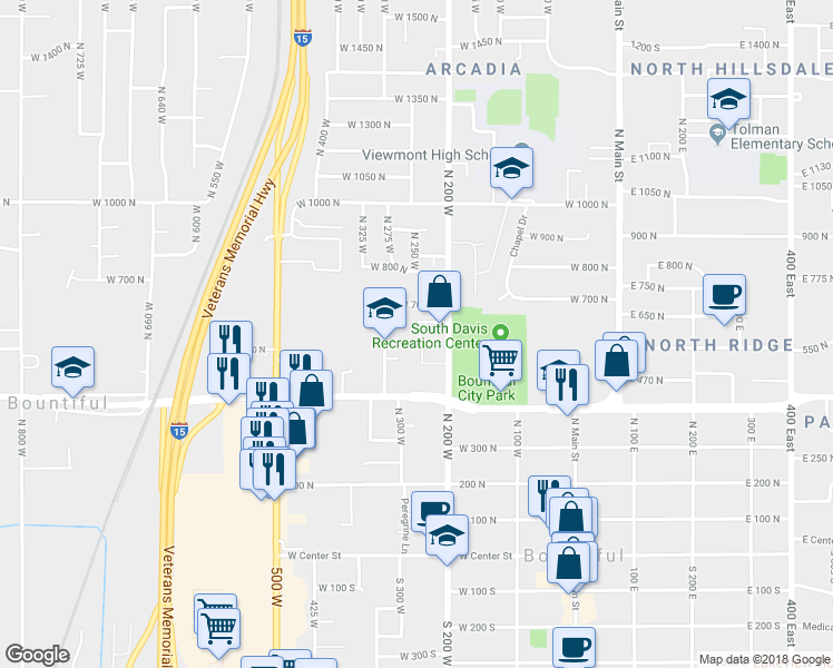 map of restaurants, bars, coffee shops, grocery stores, and more near 563 North 200 West in Bountiful