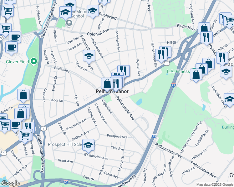 map of restaurants, bars, coffee shops, grocery stores, and more near 4760 Boston Post Road in Pelham Manor