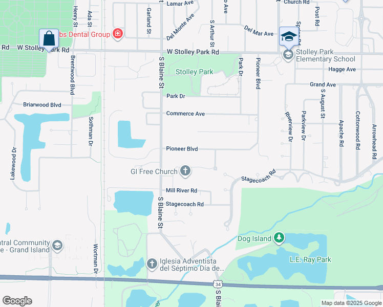 map of restaurants, bars, coffee shops, grocery stores, and more near 2513 Pioneer Boulevard in Grand Island