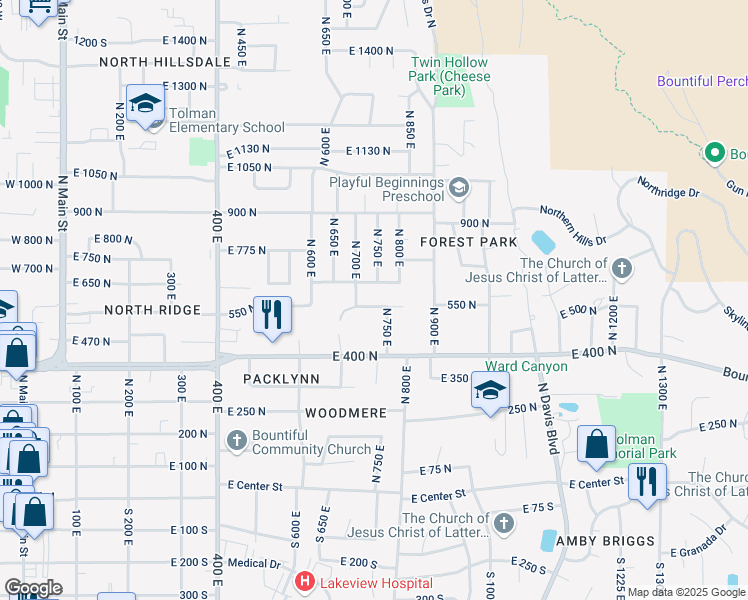 map of restaurants, bars, coffee shops, grocery stores, and more near 739 550 North in Bountiful