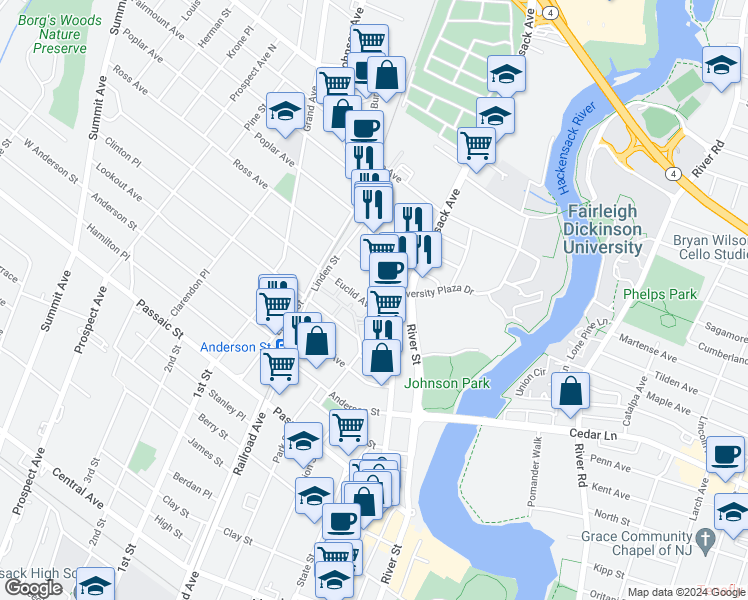 map of restaurants, bars, coffee shops, grocery stores, and more near 533 Main Street in Hackensack