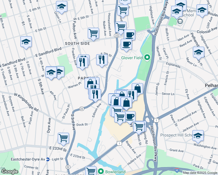 map of restaurants, bars, coffee shops, grocery stores, and more near 697 South Columbus Avenue in Mount Vernon