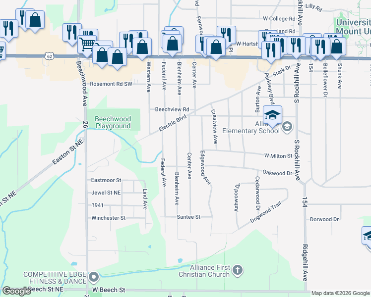map of restaurants, bars, coffee shops, grocery stores, and more near 2530 Blenheim Avenue in Alliance